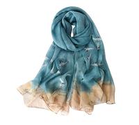 STORY OF SHANGHAI Femme Foulard 100% Soie Imprime Floral Grande Echarpe Châle Ultra-Léger Respirant Elégant 175 * 110CM,Grue Bleu