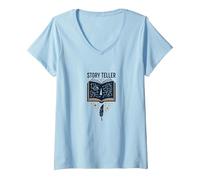 Story Teller Livre Magique Littéraire T-Shirt avec Col en V, Femme, Bleu Céleste, S