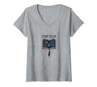 Story Teller Livre Magique Littéraire T-Shirt avec Col en V, Femme, Gris Chiné, S
