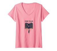 Story Teller Livre Magique Littéraire T-Shirt avec Col en V, Femme, Rose, S