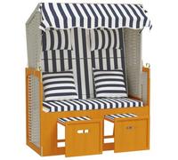 Strandkorb Polyratan Bois Massif Blanc Bleu avec Coussins | Auvent protecteur, repose-pied extensible, dossier 3 positions, coussins rembourrés, tissage résine durable