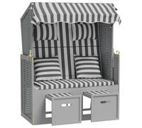 Strandkorb Polyratan Bois Massif Gris Blanc Repose-Pied Extensible Dossier | Auvent protecteur, panneaux latéraux, coussins rembourrés inclus, entretien chiffon humide, usage plage rivière jardin