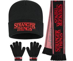 Stranger Things Bonnet Garçon et Ado 3 Pièces avec Gants et Écharpe Tricotés, Ensemble Accessoires d'Hiver, Idée Cadeau