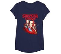 Stranger Things Hawkins Heroes Poster T-Shirt, Fille, Bleu Marine, XS