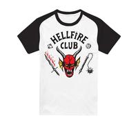 Stranger Things Hellfire Club Raglan T-Shirt Baseball à Manches Courtes, Blanc Noir, 3XL