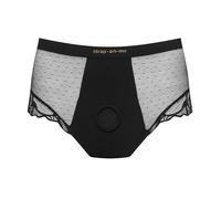 strap-on-me Harnais Lingerie Divine - Lingerie harnais shorty taille haute en microfibre, tulle et dentelle, tulle transparent avant/arrière, anneau silicone compatible dildos SOM, XS-XL, noir