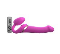 Strap-On-Me Strap-on Multi Orgasm Télécommandé 3 moteurs - Technologie à mémoire de forme - Triple Stimulation - Sextoy Femme & Homme en Silicone Souple - Sans Harnais, Étanche - Fuchsie XL