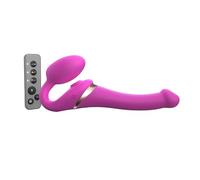 Strap-On-Me Strap-on Multi Orgasm Télécommandé 3 moteurs - Technologie à mémoire de forme - Triple Stimulation - Sextoy Femme & Homme en Silicone Souple - Sans Harnais, Étanche - Fuchsia - S
