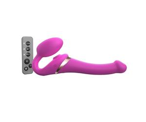 Strap-On-Me Strap-on Multi Orgasm Télécommandé 3 moteurs - Technologie à mémoire de forme - Triple Stimulation - Sextoy Femme & Homme en Silicone Souple - Sans Harnais, Étanche - Fuchsia - S