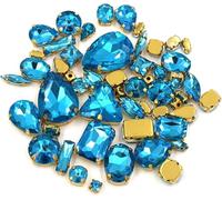 Strass à coudre, Lot de 50 pierres de cristal de différentes formes, faites à la main, à coudre sur sacs, chaussures ou vêtements.(Lake Blue)