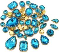 Strass à coudre, Lot de 50 pierres en cristal de différentes formes, for couture, dentelle dorée, sertissage de griffes, strass en verre, accessoires for chaussures et vêtements(Lake Blue)