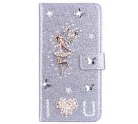 Strass Coque Étui en PU Cuir à Rabat pour MOTO Edge 60 PRO 5G Argenté Wallet Motif Love Anges Housse Case with [Card Slots] [Fermoir magnétique] Stand Fonction Strass Housse pour MOTO Edge 60 PRO 5G