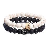 STRASS & PAILLETTES - Bracelet Couple pour Les Amoureux dans Boite Cadeau | Paire de Bracelets Distance Her King His Queen avec Couronnes Roi Reine/Pierre de Lave/Howlite Blanche veinée Rose
