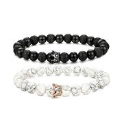 STRASS & PAILLETTES - Bracelet Couple pour Les Amoureux | Paire de Bracelets Distance Her King His Queen avec Couronnes Roi Reine/Boite Cadeau. Pierre Semi precieuse/Pierre de Lave/Howlite Blanche