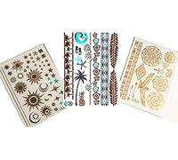 STRASS & PAILLETTES - Lot de 3 Tatouages éphémères métallique Waterproof Tattoo Soleil et Lune. Isis. Egypte. Papillon. Coquillage. Etoile.- Bijou de Peau - Tattoo temporaire Or