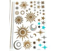 STRASS & PAILLETTES - Tatouages éphémères métallique Waterproof Lune et Soleil -Tatoo temporaire Or - Bijou de Peau doré