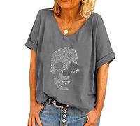 Strass tête de Mort Tops pour Femmes Mode crâne Punk Rock col Rond à Manches Courtes t-Shirt