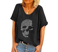 Strass tête de Mort Tops pour Femmes Mode crâne Punk Rock col Rond à Manches Courtes t-Shirt