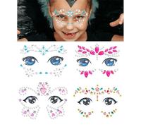 Strass Visage Festival - Lot de 4 Bijoux de Visage Pailletés et Tatouages Cristal - Stickers Visage Fille pour Maquillage Halloween, Anniversaire, Noël, Déguisement