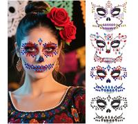 Strass Visage Halloween Temporaires - Lot de 4 Tatouages Éphémères “Day of the Death” avec Crânes et Strass - Stickers Pailletés Yeux pour Maquillage Halloween, Cosplay et Fête Horreur