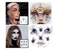 Strass visage Tatouage Halloween 2 Pièces Maquillage Femme Ephemere Autocollant Noir Araignée Stickers Enfant Tattoo Temporaire Bijoux Faux pour Carnaval, Jour des Morts, Mascarades