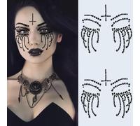 Strass visage Tatouage Halloween 2 Pièces Maquillage Femme Ephemere Autocollant Noir Sorciere Stickers Enfant Tattoo Temporaire Bijoux Faux pour Carnaval, Jour des Morts, Mascarades