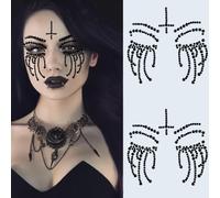 Strass Visage Tatouage Halloween 2 Pièces Maquillage Femme Ephemere Autocollant Noir Sorciere Stickers Enfant Tattoo Temporaire Bijoux Faux Pour Carnaval,Jour Des Morts,Mascarades