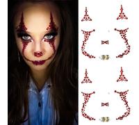 Strass Visage Tatouage Halloween 2 Pièces Maquillage Femme Ephemere Autocollant Rouge Jjoker Stickers Enfant Tattoo Temporaire Bijoux Faux Pour Carnaval,Jour Des Morts,Mascarades