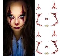 Strass visage Tatouage Halloween 2 Pièces Maquillage Femme Ephemere Autocollant Rouge Jjoker Stickers Enfant Tattoo Temporaire Bijoux Faux pour Carnaval, Jour des Morts, Mascarades