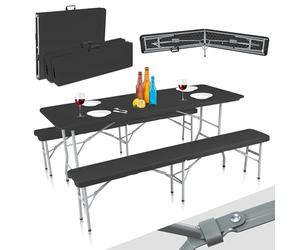 Strattore Ensemble Table 2X Banc de Jardin en Plastique Traiteur Pliante Table Buffet Picnic Plateau Camping Pliable avec Poignée en Noir