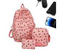 Strawberry Backpack - 3-Piece Large Nylon & Polyester School Bag Set For Girls & Boys | 17.72 Inch Children's Backpack With Shoulder Bag & Pencil Case | Robust & Lightweight School For Kindergarten