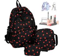 Strawberry Bookbag, Bookbag Set with Pen Purse & Shoulder Pouch, Cute Strawberrys Backpack to Girls, Boys, Ideal for School, Daily Commute, Trips, Camping, Preschool, Black, White and Pink Color