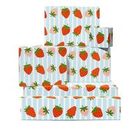 Strawberry Papier Cadeau - 6 Feuilles Papier Cadeau For Enfants Filles Or Amis - Anniversaire Bridal Shower Baby Summer Party - Red Fruits With Blue Stripes - Comes With Tags By Central 23