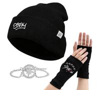 Stray Ensemble de merch unisexe pour STAY, 1 bonnet noir, 1 paire de gants noirs sans doigts, 1 bracelet argenté, article de fan de Kpop, cadeau