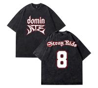 Stray Kids SKZ Dominate 8 Logo T-shirt col rond à manches courtes en coton délavé T-shirt pour femmes hommes Streetwear Tops, Noir , M