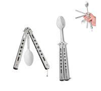 StreeHerjjkeA1 Cuillère papillon, couteau d'entraînement papillon, pour voyage, camping, chasse, barbecue, cuisine, activités de plein air (argent)
