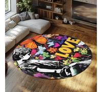 Street Art Amour Cercle Entrée Tapis Non Mue Animaux Bienvenus Graffiti Papillon Audacieux Résistant Tapis de sol De Porche Pour Dortoir Chambre Adolescent Studio Couloir Décor De Sol Coloré 135cm