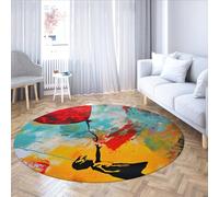 Street Art Rond Tapis Fille avec Ballon Rouge Style Graffiti Couleur Splash Moderne Mince Jeté Tapis Tapis de Sol pour Tapis de Porte Entrée Chambres 240cm