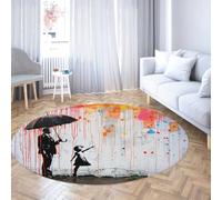 Street Art Wall Graffiti Tapis Rond Père Fille Arc en Ciel Pluie Cercle Tapis Lavable Doux pour Salon Studio 150cm