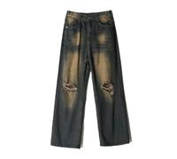 Street Beau Jean Délavé Déchiré pour Hommes Ins Marque De Mode Été Nouveau Style Drapé Droit Décontracté Pantalon Large - Rétro Bleu - M