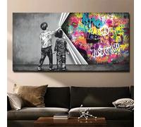 Street Graffiti Art derrière le rideau toile peinture garçon et fille trouver l'amour affiches et impressions d'art mural pour le salon 50x100 cm (20x39 pouces) sans cadre