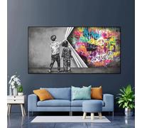 Street Graffiti Art derrière le rideau toile peinture garçon et fille trouver l'amour Banksy impressions d'art mural pour la décoration intérieure 50x100 cm/20x39in avec cadre noir