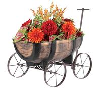 STREND PRO Chariot À Fleurs Tonneau De Whisky | Chariot Porte-Plantes sur roulettes | Décoration De Jardin Pot De Fleurs Tonneau | Jardinière Réaliste Aspect Bois en Forme De Brouette