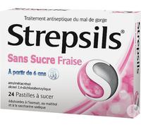 Strepsils Fraise Sans Sucre - Traitement Antiseptique du Mal de Gorge À partir 6 ans Comprimé(S) Sucer 24 pc(s)