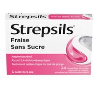 Médicaments sans ordonnance > Médicaments contre les maux de gorge et la toux > Médicaments contre le mal de gorge Strepsils Pastilles Fraise Sans Sucre x 24