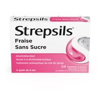 Strepsils Fraise Sans Sucre - Traitement Antiseptique du Mal de Gorge À partir 6 ans Comprimé(S) Sucer 24 pc(s)