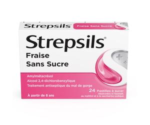 Strepsils Fraise Sans Sucre - Traitement Antiseptique du Mal de Gorge À partir 6 ans Comprimé(S) Sucer 24 pc(s)