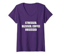 Stressée, bénie, obsédée par Le café T-Shirt avec Col en V, Femme, Violet, L