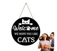 Streysisl Panneau « Welcome Hope You Like Cats » - Panneau de porte en bois rustique rond pour porte d'entrée - Pour extérieur, ferme, porche, maison, Noël