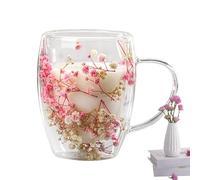 Streysisl Tasse à café en verre à double paroi avec poignée - Tasse à thé - Tasse à thé - Tasse à lait - Tasse à lait - Fantaisie - Résistant à la chaleur - Tasse à fleurs sèches - Fleurs isolées